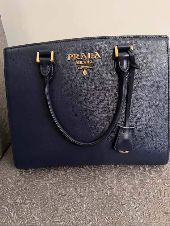 Prada Handbags - Prada Navy Saffiano Satchel with Gold Hardware